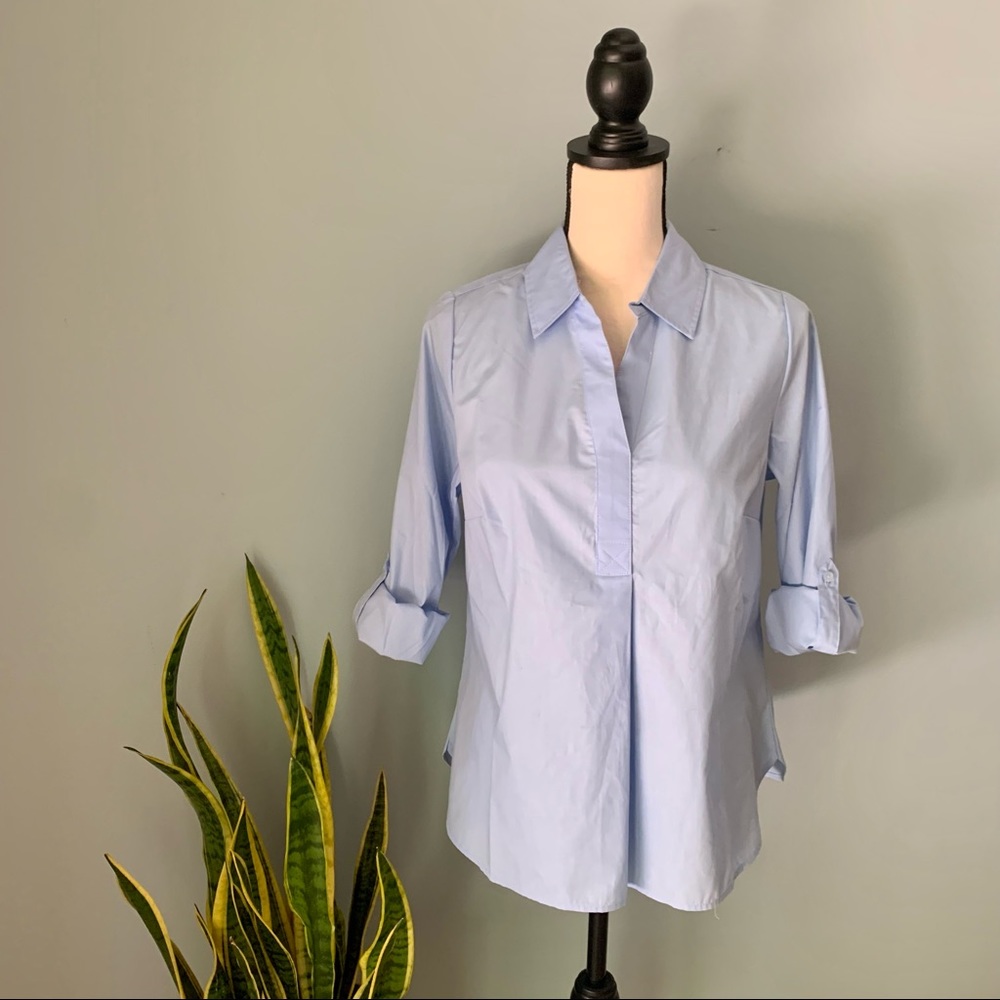 [ Collection L ] Light Blue European Pullover Blouse • Roll Tab Sleeve • Size 6